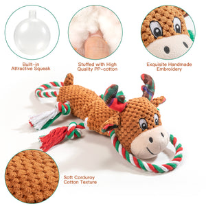 IOKHEIRA Christmas Deer Dog Squeaky Toys Dog Chew Toy Interactive Plush Dog Toys with Crinkle Paper Tug of War Dog Toys with Knotted Rope for Teeth Cleaning & Boredom