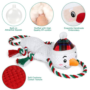 IOKHEIRA Christmas Snowman Dog Squeaky Toys Dog Chew Toy Interactive Plush Dog Toys with Crinkle Paper Tug of War Dog Toys with Knotted Rope for Teeth Cleaning & Boredom
