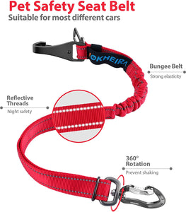 IOKHEIRA Dog Seatbelt, Updated Dog Seat Belt, Reflective Bungee Dog Car Harness, Multifunctional Pet Safety Belt with Hook Latch & Seatbelt Buckle, Swivel Aluminum Carabiner, Red