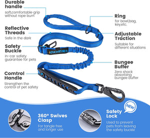 IOKHEIRA Bungee Dog Leads, Anti Pull Dog Leads with Car Seat Belt Buckle, Reflective Thread Dog Leads with Traffic Control Handle, Adjustable Dog Leash for Small Medium Large Dogs