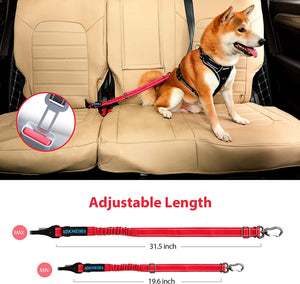IOKHEIRA Dog Seatbelt, Updated Dog Seat Belt, Reflective Bungee Dog Car Harness, Multifunctional Pet Safety Belt with Hook Latch & Seatbelt Buckle, Swivel Aluminum Carabiner, Red